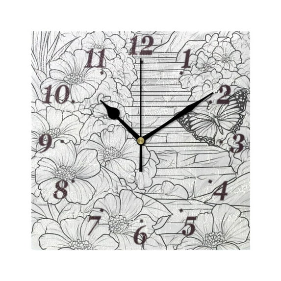 7.78in Flowers and Butterflies Line Art Square Wall and Table Clock Dual Use Vintage Design in Black or Gold