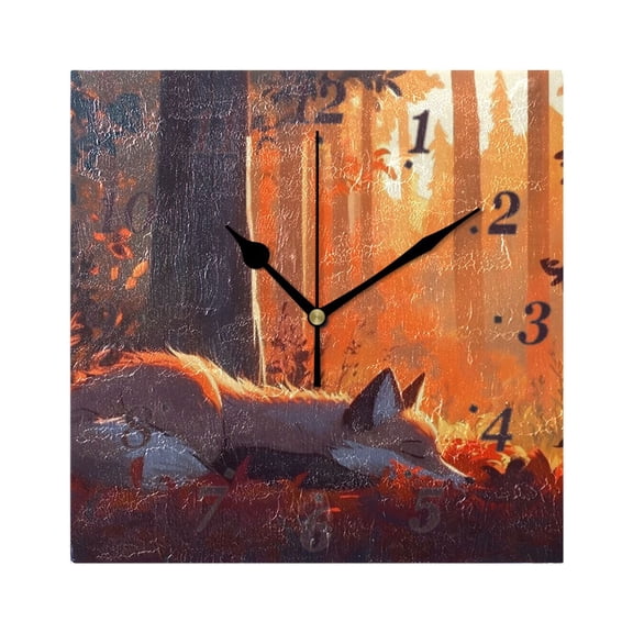 7.78in Fox Resting in The Forest Square Wall and Table Clock Dual Use Vintage Design in Black or Gold