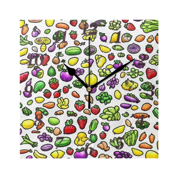 Fruits and Vegetables Pattern Wall Clock Square Clock Decoration Creative Clock Dual Use Black Pointer 7.78in