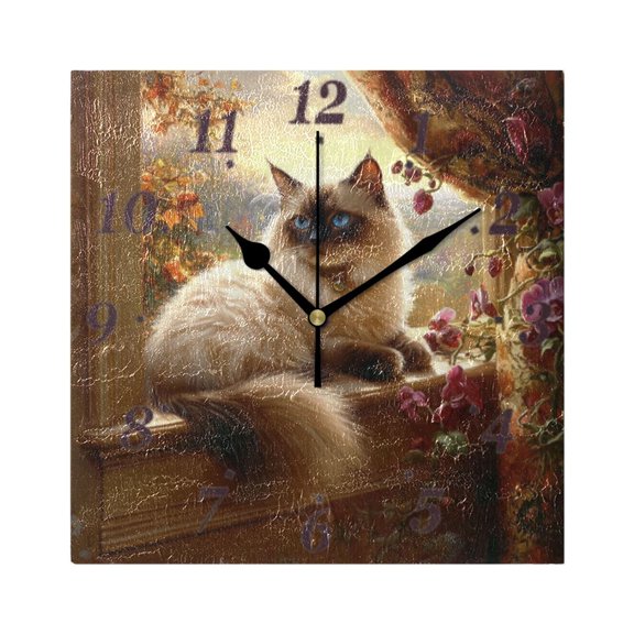 7.78in Graceful Siamese Cat Pattern Square Wall and Table Clock Dual Use Vintage Design in Black or Gold