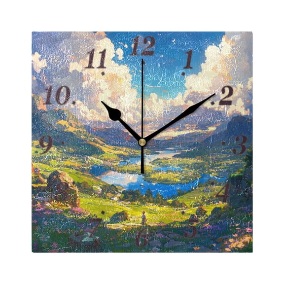 Green Valley Pattern Design Wall Clock Square Clock Decoration Creative Clock Dual Use Black Pointer 7.78in