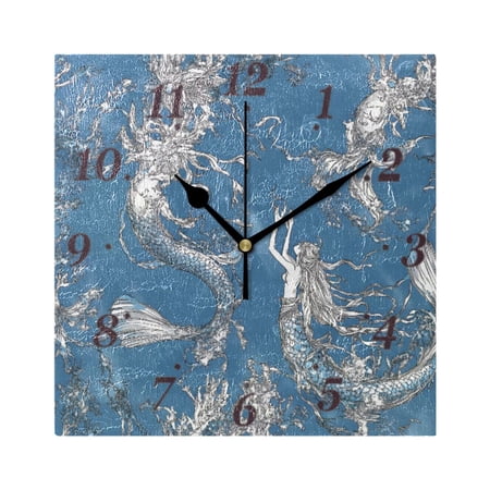 Mermaid Wall Clock Square Clock Decoration Creative Clock Dual Use Black Pointer 7.78in