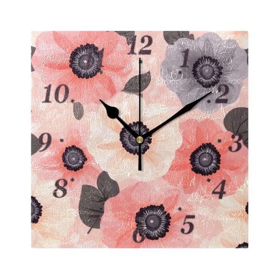 Monochrome Floral Design Wall Clock Square Clock Decoration Creative Clock Dual Use Black Pointer 7.78in
