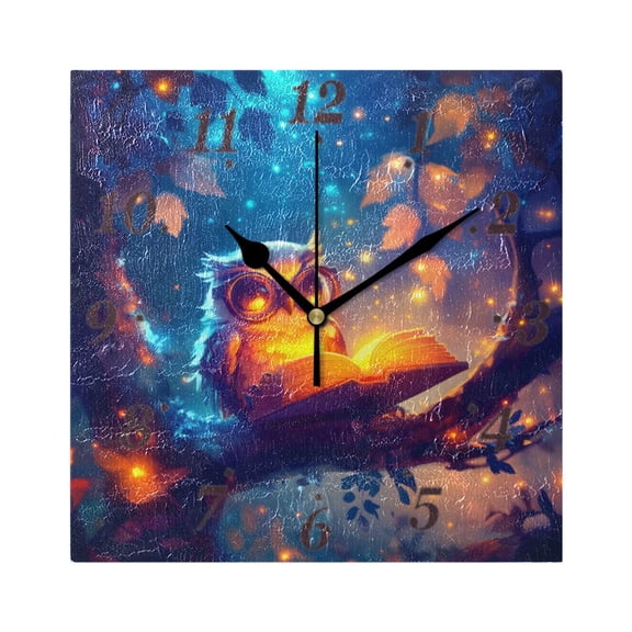 Owl Reading Wall Clock Square Clock Decoration Creative Clock Dual Use Black Pointer 7.78in