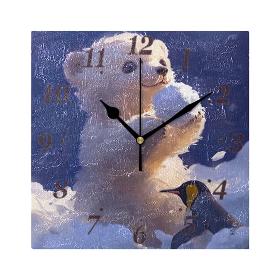 7.78in Penguin and Polar Bear Square Wall and Table Clock Dual Use Vintage Design in Black or Gold