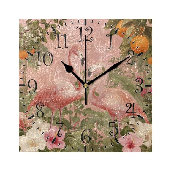 7.78in Square Artistic Wall Clock Dual-Purpose Tabletop & Hanging Decor Silent Non-Ticking Clocks for Home Office 11111111 Flamingos in Tropical Garden
