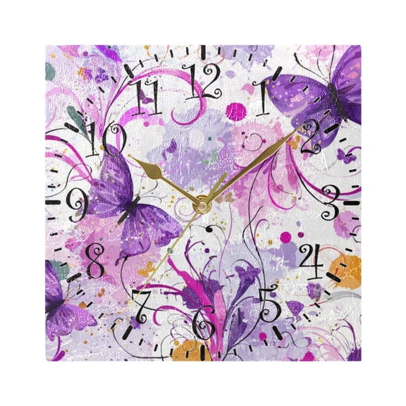 7.78in Square Artistic Wall Clock Dual-Purpose Tabletop & Hanging Decor Silent Non-Ticking Clocks for Home Office 11111111 Purple Butterfly with Swirls