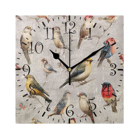 7.78in Square Artistic Wall Clock Dual-Purpose Tabletop & Hanging Decor Silent Non-Ticking Clocks for Home Office 11111111 Birds Pattern