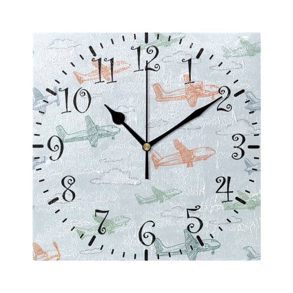 7.78in Square Artistic Wall Clock Dual-Purpose Tabletop & Hanging Decor Silent Non-Ticking Clocks for Home Office 11111111 Pastel Doodle Airplanes