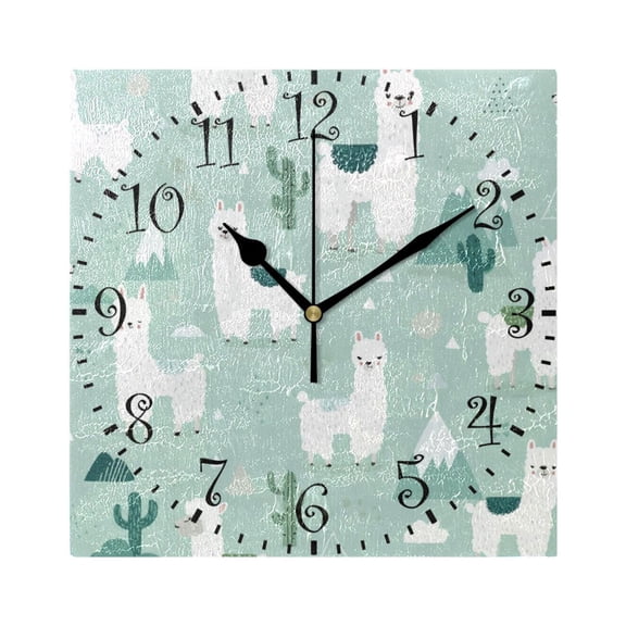 7.78in Square Artistic Wall Clock Dual-Purpose Tabletop & Hanging Decor Silent Non-Ticking Clocks for Home Office Cute Cartoon Llama Pattern