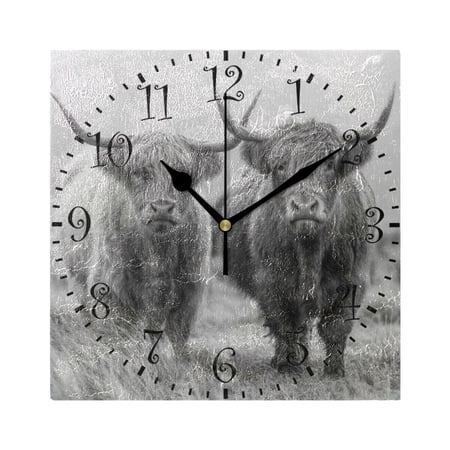 7.78in Square Artistic Wall Clock Dual-Purpose Tabletop & Hanging Decor Silent Non-Ticking Clocks for Home Office Grey Highland Cattle
