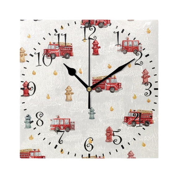 7.78in Square Artistic Wall Clock Dual-Purpose Tabletop & Hanging Decor Silent Non-Ticking Clocks for Home Office Red Fire Trucks Pattern