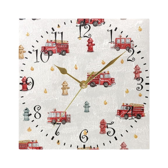 7.78in Square Artistic Wall Clock Dual-Purpose Tabletop & Hanging Decor Silent Non-Ticking Clocks for Home Office Red Fire Trucks Pattern