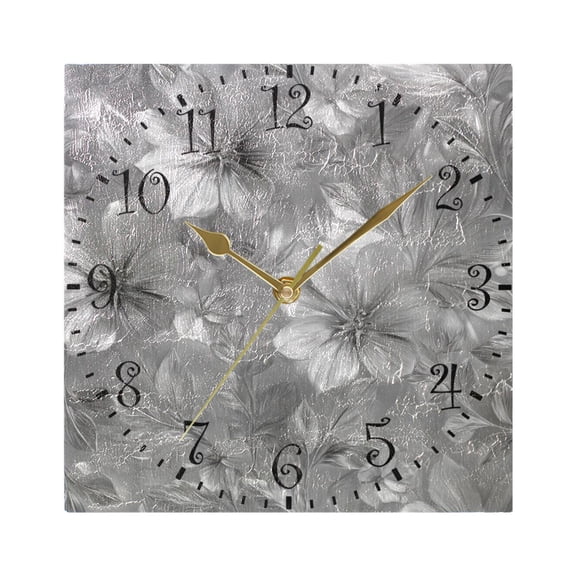 7.78in Square Artistic Wall Clock Dual-Purpose Tabletop & Hanging Decor Silent Non-Ticking Clocks for Home Office Silver Metal Flower Pattern