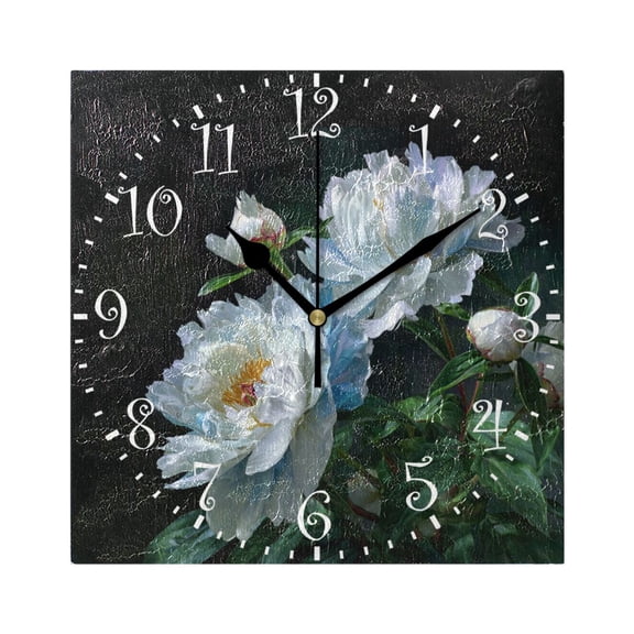 7.78in Square Artistic Wall Clock Dual-Purpose Tabletop & Hanging Decor Silent Non-Ticking Clocks for Home Office White Peony Flower