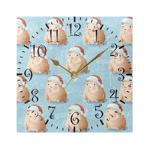 7.78in Square Artistic Wall Clock Dual-Purpose Tabletop & Hanging Decor Silent Non-Ticking Clocks for Home Office cute Capybara with Santa Hat