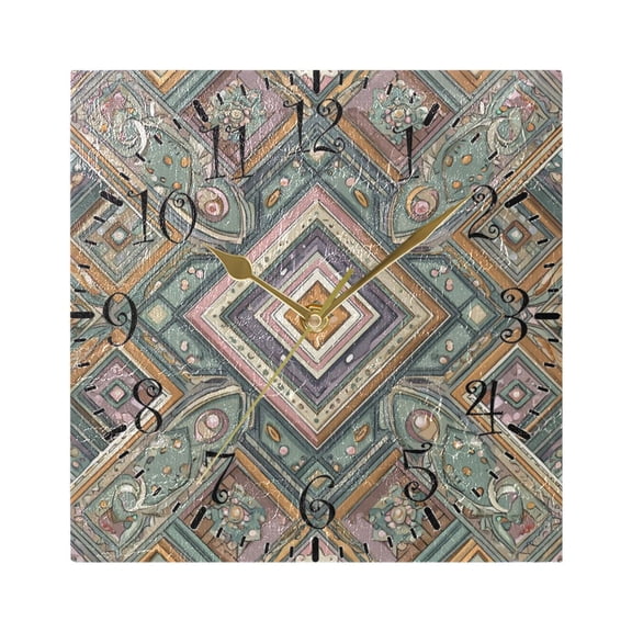 7.78in Square Artistic Wall Clock Dual-Purpose Tabletop & Hanging Decor Silent Non-Ticking Clocks for Home Office intricate Brown Batik Pattern
