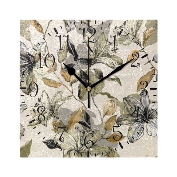 7.78in Square Artistic Wall Clock Dual-Purpose Tabletop & Hanging Decor Silent Non-Ticking Clocks for Home Office lily Motifs Pattern