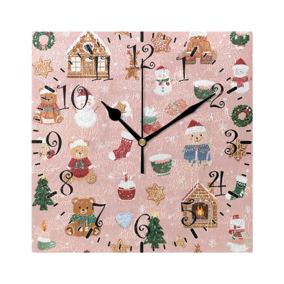 7.78in Square Artistic Wall Clock Dual-Purpose Tabletop & Hanging Decor Silent Non-Ticking Clocks for Home Office pink Cute Christmas Icons
