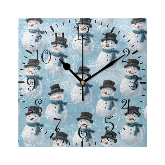 7.78in Square Artistic Wall Clock Dual-Purpose Tabletop & Hanging Decor Silent Non-Ticking Clocks for Home Office snowmen with Black Top Hats