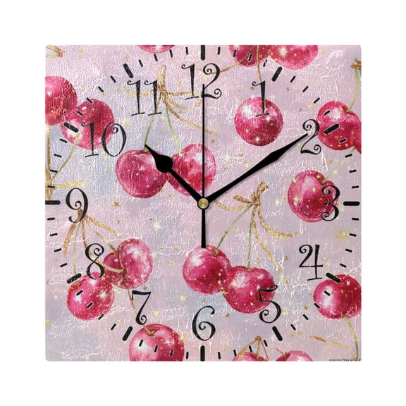 7.78in Square Artistic Wall Clock Dual-Purpose Tabletop & Hanging Decor Silent Non-Ticking Clocks for Home Office watercolor Sparkling Cherries