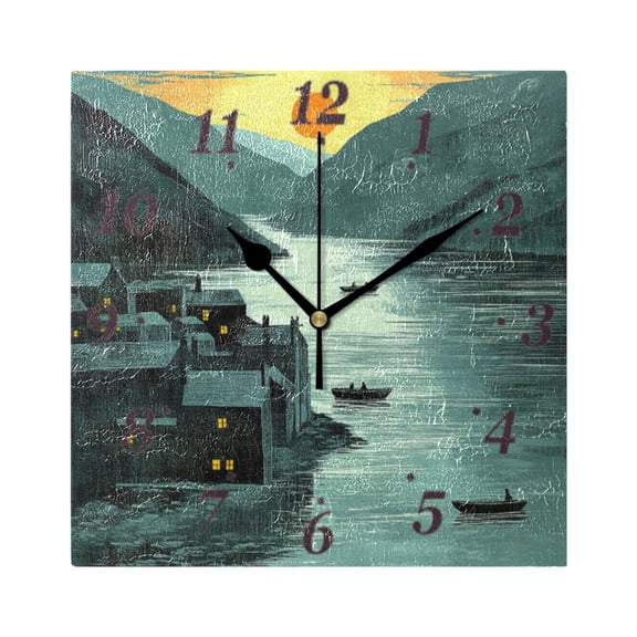 Sunset Riverside Town Wall Clock Square Clock Decoration Creative Clock Dual Use Black Pointer 7.78in