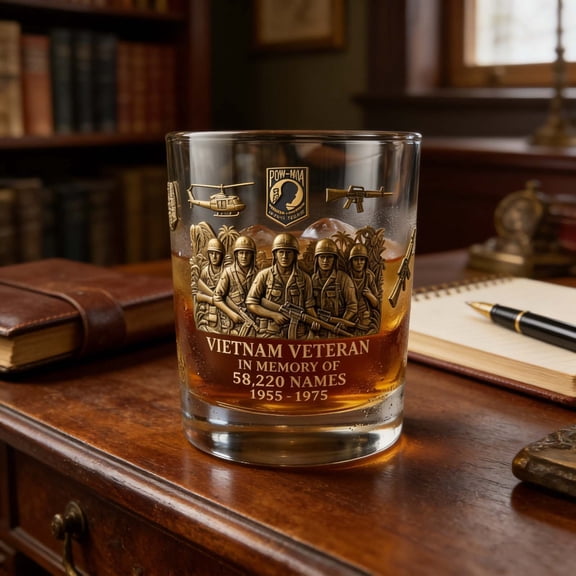 7.78oz Veteran Commemorative Whiskey Glass Bucket, Vintage Military Engraved Tumbler, Vietnam War Themed Glass Cup, Meaningful Military Gift for Retired Veterans