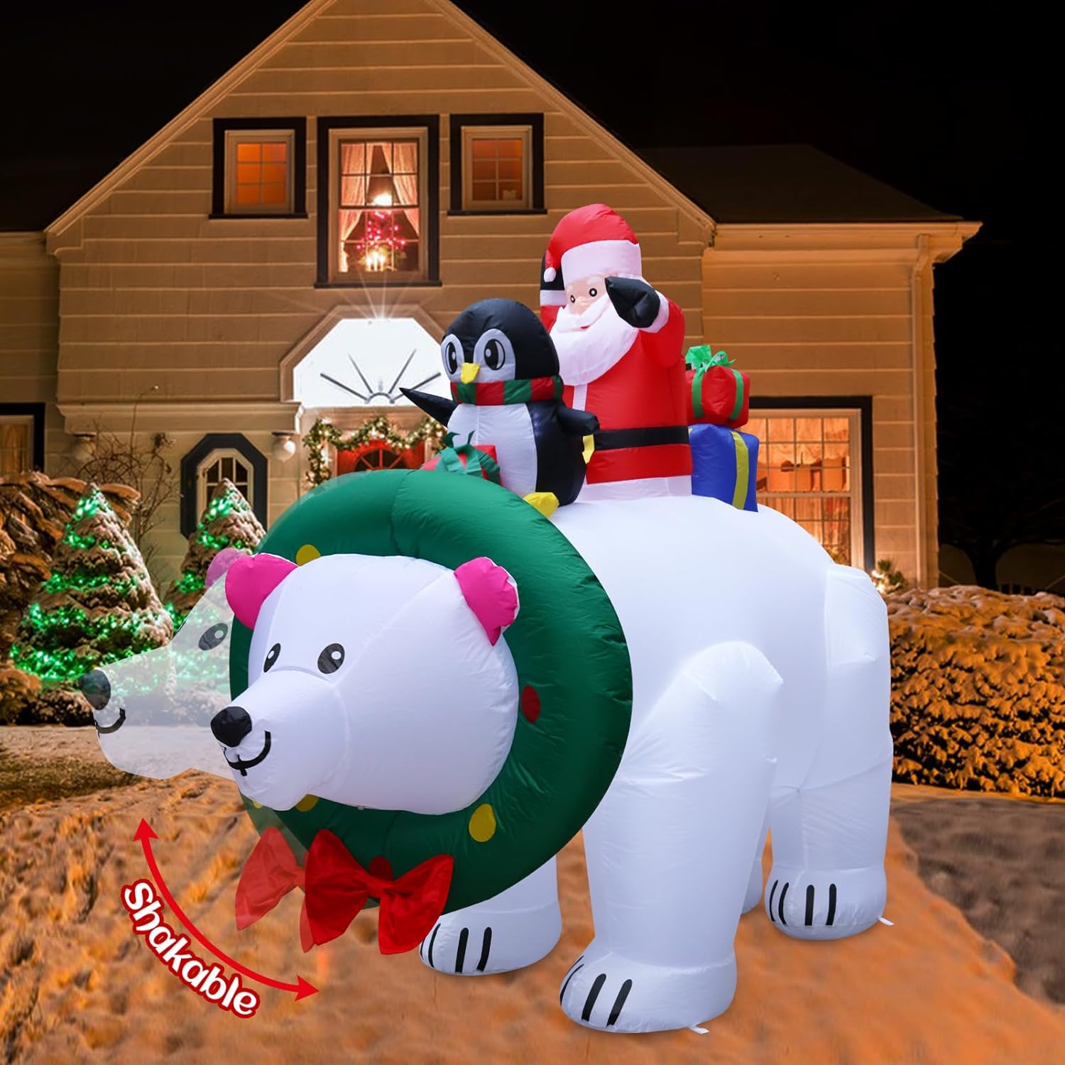 7.7FT Christmas Inflatable Santa Claus Riding Polar Bears with Shaking