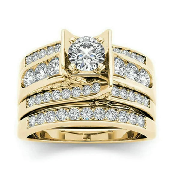 7*7mm Round Cut Cz Band 18K Gold Plated Ring Sets Women's Couple Rings Size 6-10