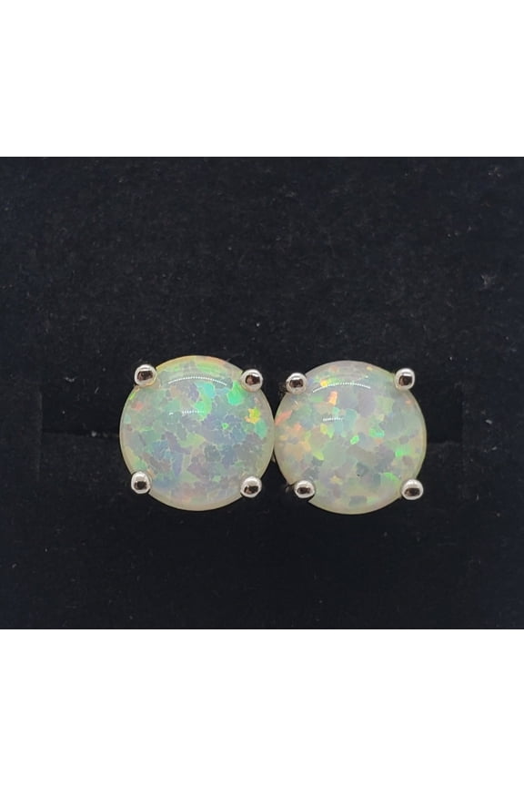 7.7mm Round White Opal Sterling Silver Earrings
