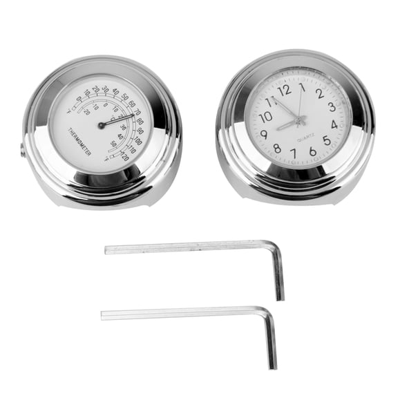7/8" 1" Handlebar Chrome Dial Clock Thermometer For Motorcycle Cruiser Bike