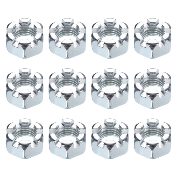7/8"-9 Hexagon Slotted Nut, Grade 6.8 Carbon Steel Hex Nuts, Silver, 12Pack