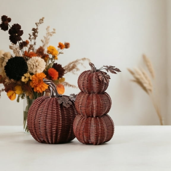 7.8" Artificial Fake Pumpkin, Fall Pumpkin Decor Faux Resin Basket-Weave Stacked Pumpkin with Metal Leaves, Tabletop Centerpiece for Harvest Halloween Home Porch Pumpkin Decor (Brown, 1pc)