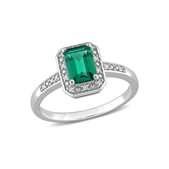 7/8 Carat (Ctw) Emerald Ring in 10K White Gold with Accent Diamonds for Women