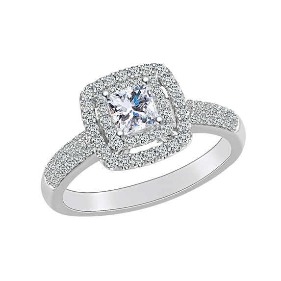 AFFY 7/8 Carat Princess & Round White Natural Diamond Double Halo Engagement Ring In 14k Solid White Gold (0.87Cttw) Ring Size-5