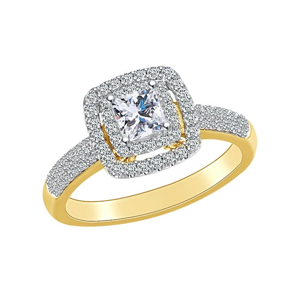 AFFY 7/8 Carat Princess & Round White Natural Diamond Double Halo Engagement Ring In 14k Solid Yellow Gold (0.87Cttw) Ring Size-6