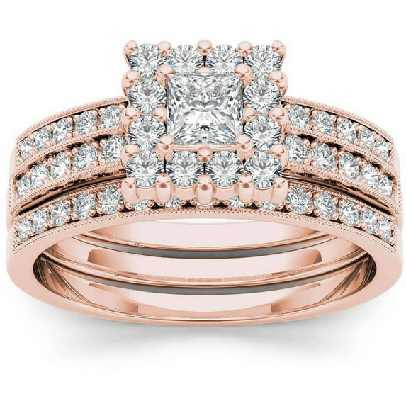 7/8 Carat T.W. Diamond Single Halo Two-Band 14kt Rose Gold Engagement Ring Set