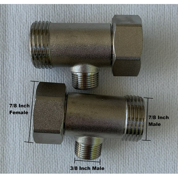 NuFlush Metal 7/8 Inch Male, 7/8 Inch Female T-Adapter with 3/8 inch pipe thread connection (2 pack- 7/8-inch to 7/8-inch to 3/8-inch T adapter, 2, Count)