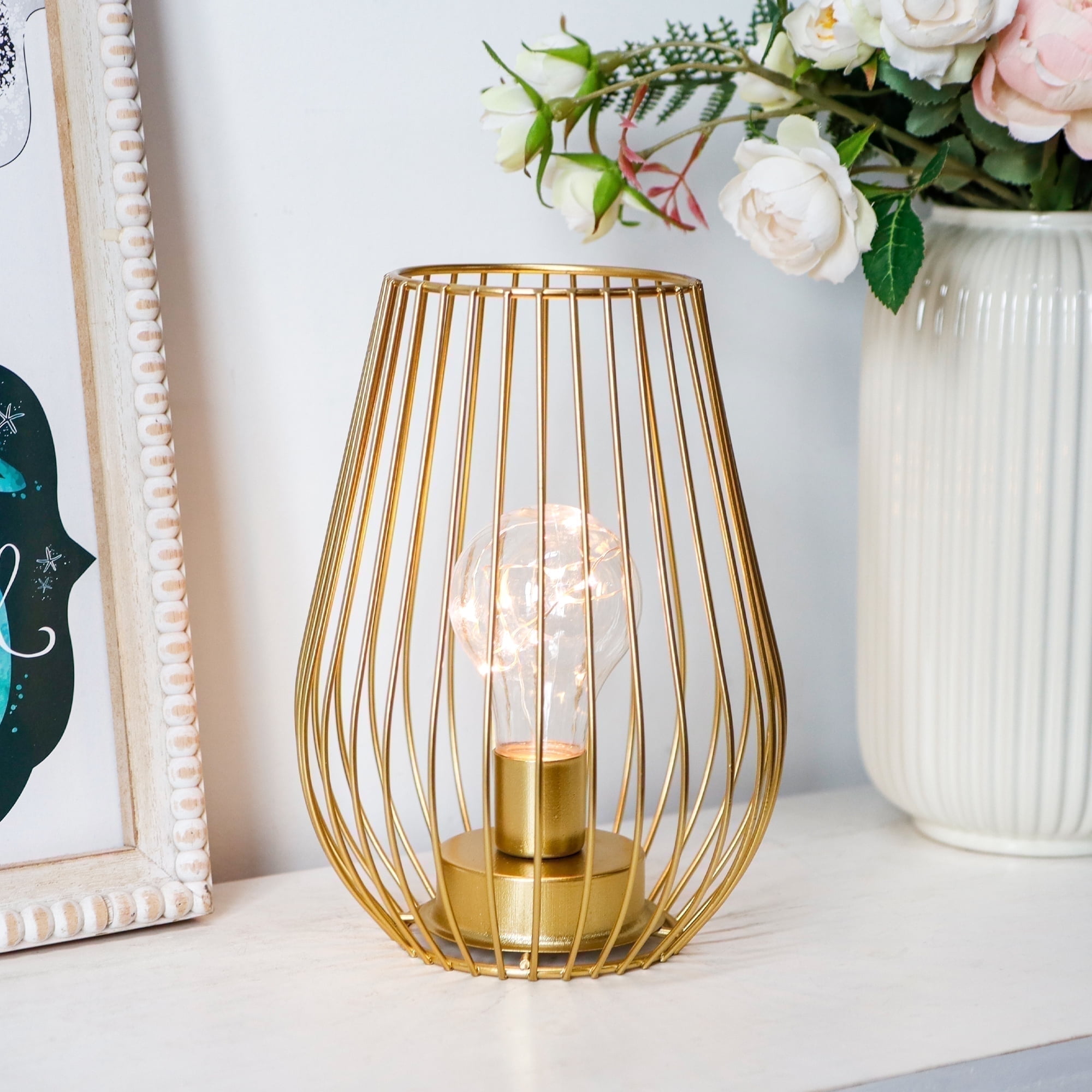 TRIROCKS 7.8''H Cage Shape Cordless Table Lamp Battery operated(Gold)