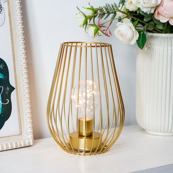 TRIROCKS 7.8''H Cage Shape Cordless Table Lamp Battery operated(Gold)