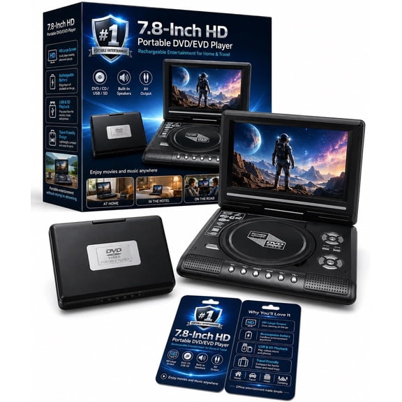 7.8" HD Portable DVD/EVD Player Large Screen, Rechargeable & Compatible with DVD/CD/USB/SD, Mini Lightweight Movie Video Smart Remote Control Built-In Speakers AV Output