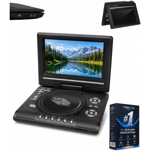 7.8" HD Portable DVD/EVD Player, Rechargeable Swivel Screen Media Player with Dual Speakers, USB SD Card Support for Car Travel Home RV