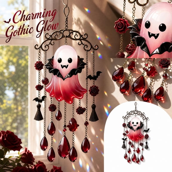 7.8" Halloween Ghost Vampire Suncatcher Wind Chime, Spooky Shine 2D Flat Acrylic Cute Vampire Ghost Hanging Halloween Home Decor, Gothic Window Garden Patio Ornament