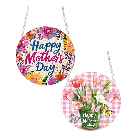 7.8'' Happy Mother's Day Welcome Sign Wreath 12 Inch Round Wooden Hanging Door Sign Colorful Flower Rustic Farmhouse Porch Pendant Decorations for Front Door Wall Decor 1/2/3/4 PCS