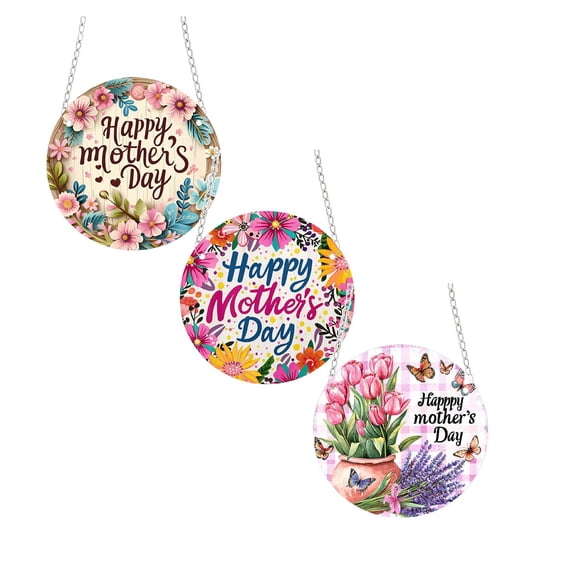 7.8'' Happy Mother's Day Welcome Sign Wreath 12 Inch Round Wooden Hanging Door Sign Colorful Flower Rustic Farmhouse Porch Pendant Decorations for Front Door Wall Decor 1/2/3/4 PCS
