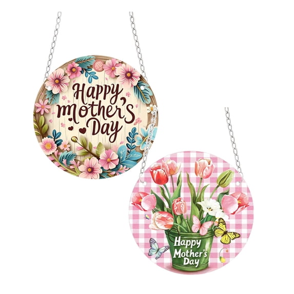 7.8'' Happy Mother's Day Welcome Sign Wreath 12 Inch Round Wooden Hanging Door Sign Colorful Flower Rustic Farmhouse Porch Pendant Decorations for Front Door Wall Decor 1/2/3/4 PCS