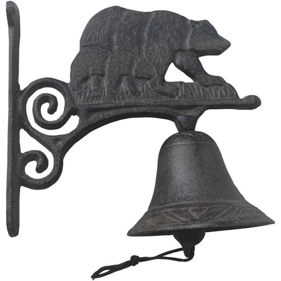 7.8" Heavy Duty Cast Iron Bear Dinner Bell, Loud Resonant Wall Mounted Outdoor Doorbell for Farmhouse, Garden & Cabin, Decorative Wildlife Metal Bell for Porch, Antique Black Finish
