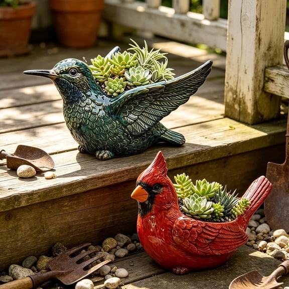 7.8 Inch 2026 Ceramic Cardinal Bird Succulent Planter with Drainage Hole, Resin Hummingbird Themed Garden Pot, Decorative Succulent Pots and Planters for Outdoor Indoor Plants