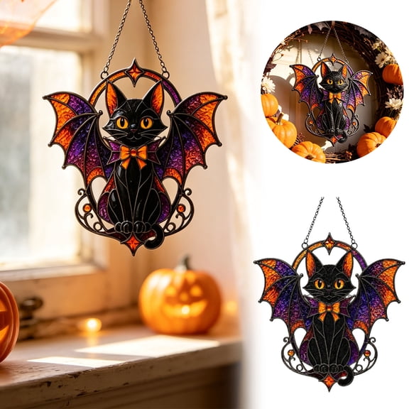 7.8 Inch Halloween Bat Cat Stained Glass Style Acrylic Window Hanging Wall Decor, Hand Painted Gothic Decor Suncatcher with Metal Chain Suction Cup for Door Fireplace Garden Home Wall Decor, 1 Pack