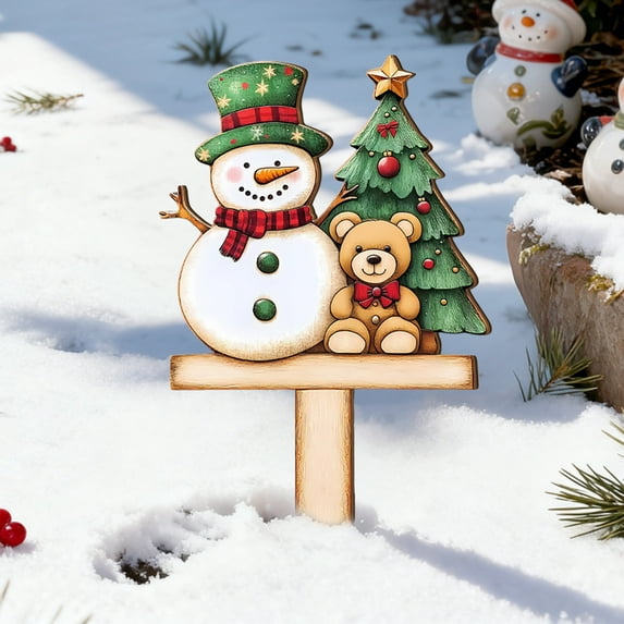 7.8 Inch Outdoor Christmas Decorations,Wooden Snowman Santa Claus Decorative Garden Stakes for Christmas Outdoor Yard, Xmas Signs for Home Outside Yard Lawn Porch Pathway Xmas Decor(Snowman)